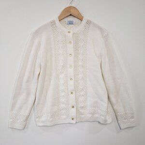 Vintage 1950s Wintuk White Cardigan‎ Sweater Size L Cottagecore Preppy Modest